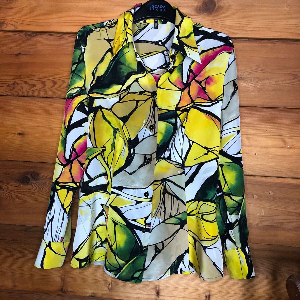 Escada 100 % silk blouse with watercolor, multicolor, yellow long-sleeved blouse